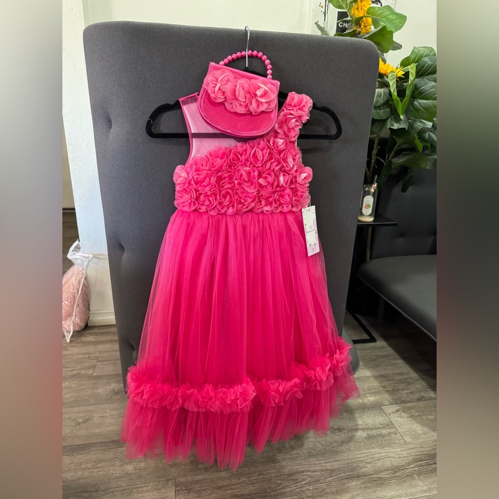PINK GIRLS Pink Floral Tulle Dress with Matching bag
